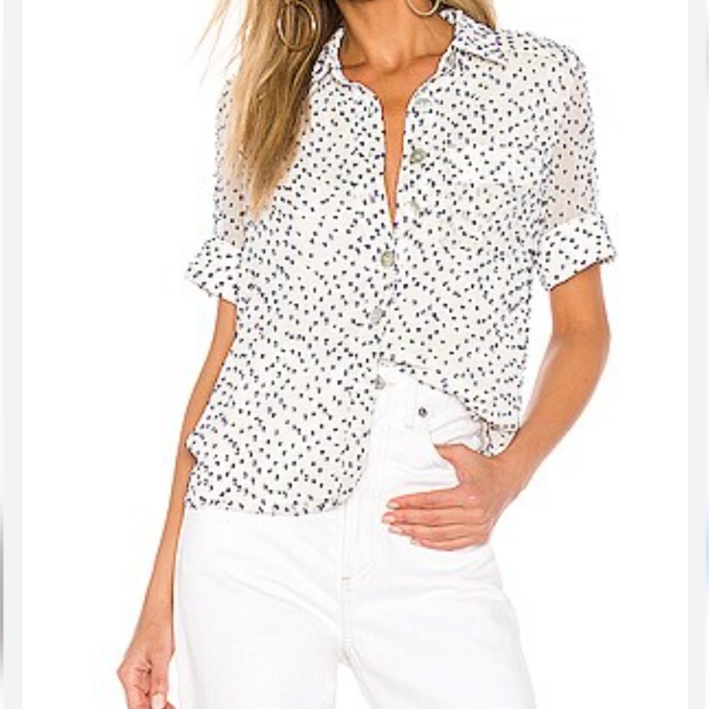 BeachLunchLounge Polka Dot Tie-Front Button-Up Short Sleeve Blouse
